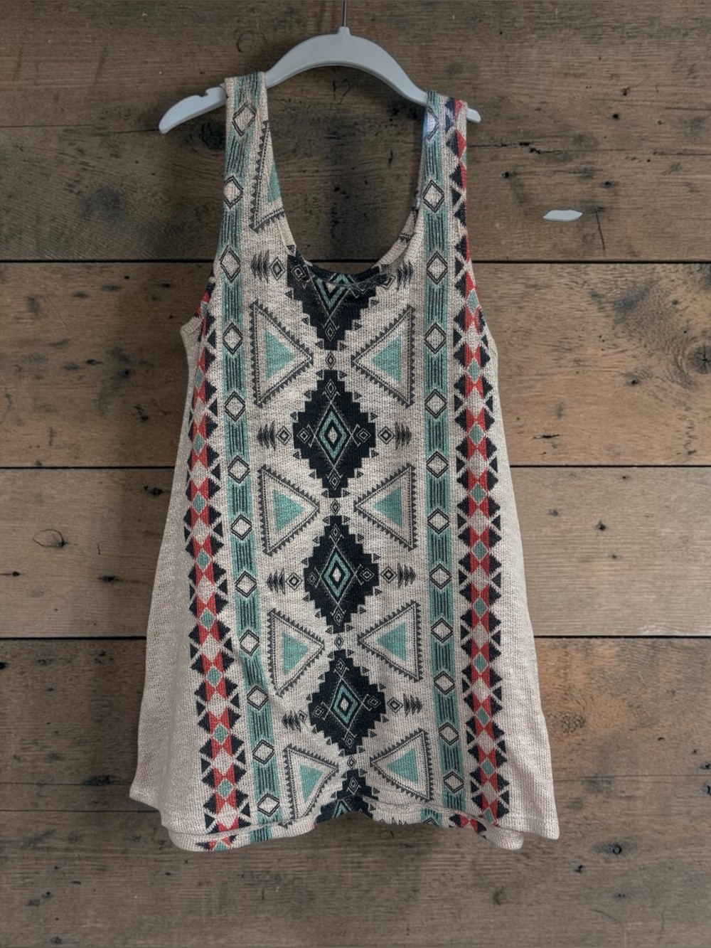 Sleeveless Aztec Print Tank Top in Beige and Teal